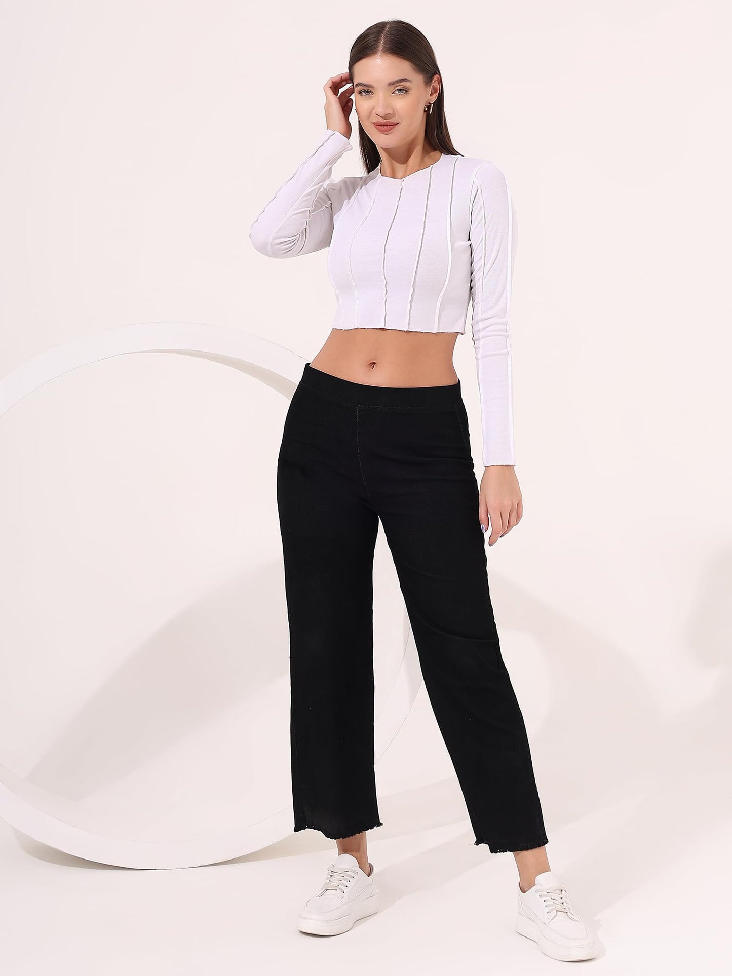 HIGHTEN Women’s Black Wide Leg Elastic Waist Jeans | High Rise Loose Fit Stretch Denim Pants Without Belt Loops