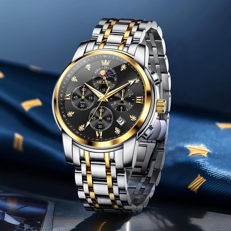 OLEVS Watch for Men Diamond Business Dress Analog Quartz Stainless Steel Waterproof Luminous Date Two Tone Luxury Casual Wrist Watch, silver black watches 3655, men watch