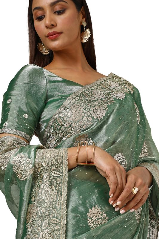 Soch Womens Light Green Organza Embroidered Saree With Stone Work