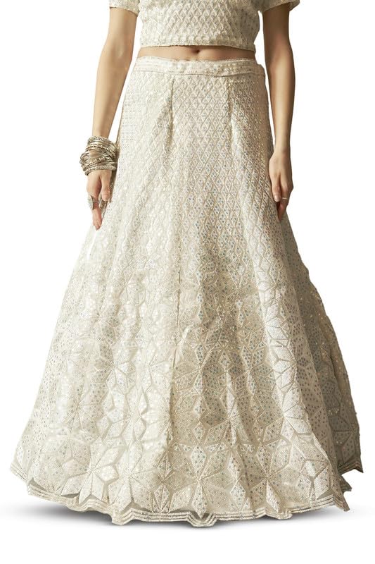 Soch Womens White Net Embroidered Unstitched Lehenga Set with Sequin Embellishments