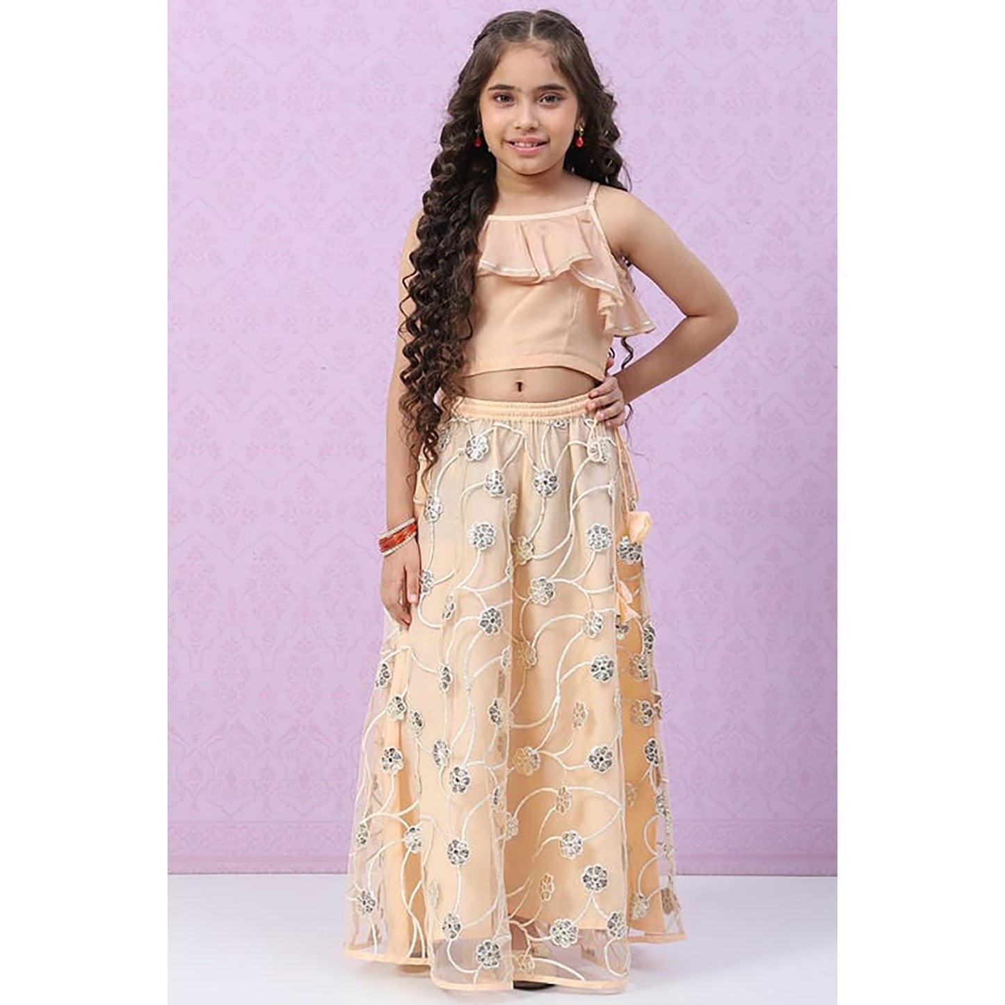 BIBA Girls Polyester Flared Solid Lehenga Set (KW4605EAW22OWHT_Off White_6 7 Years)
