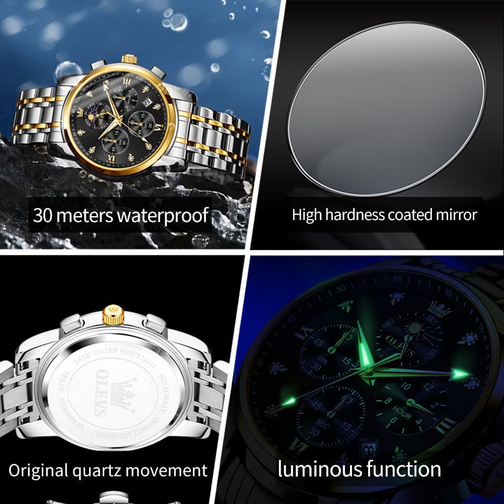 OLEVS Watch for Men Diamond Business Dress Analog Quartz Stainless Steel Waterproof Luminous Date Two Tone Luxury Casual Wrist Watch, silver black watches 3655, men watch