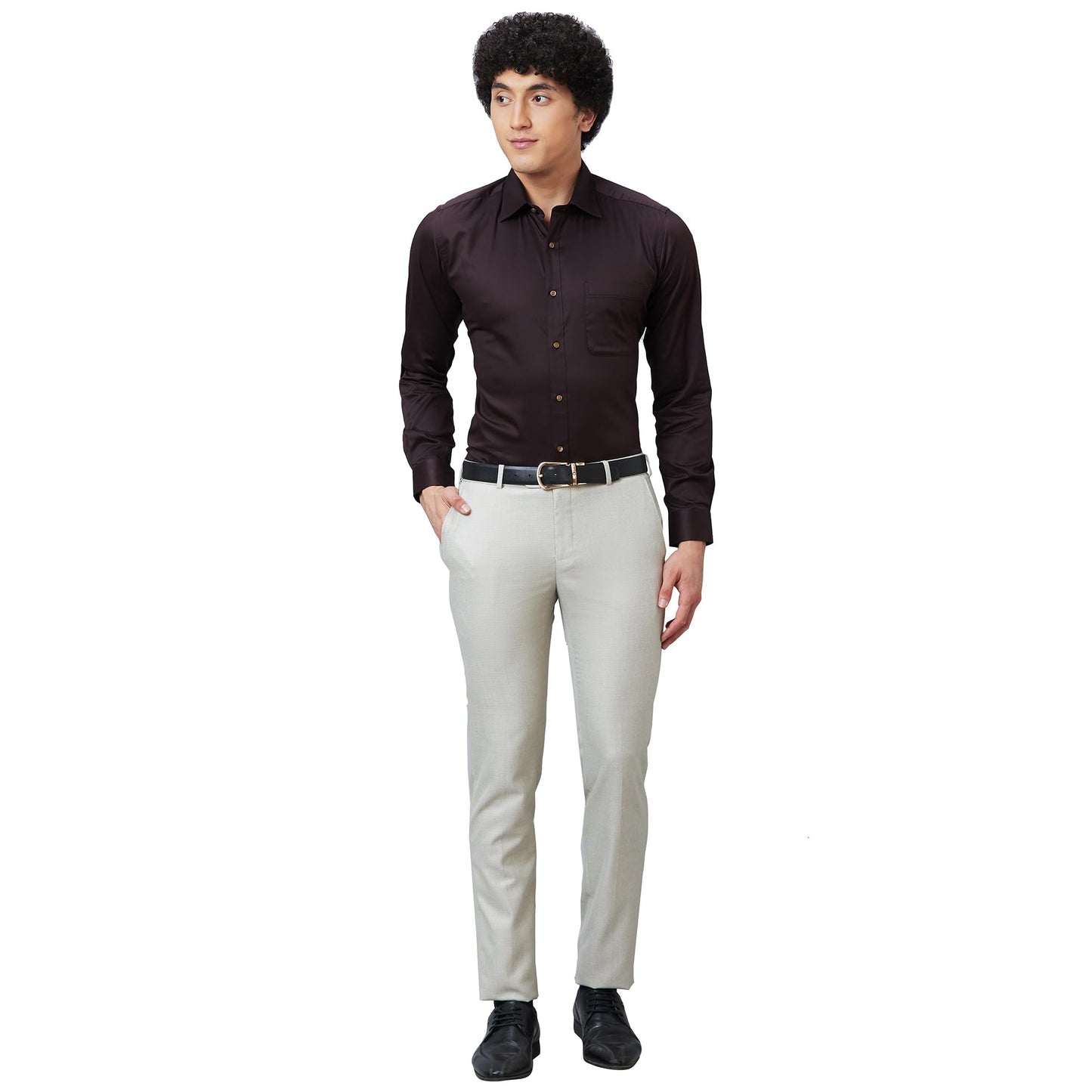 Raymond Men's Slim Fit Poly Viscose Blend Flat Front Structure Pattern Fawn Formal Trouser (Size: 32)-RMTS05210-F3