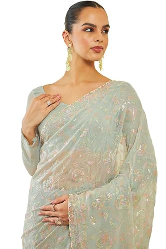 Soch Womens Sap Green Georgette Saree With Floral Embroidery And Sequins