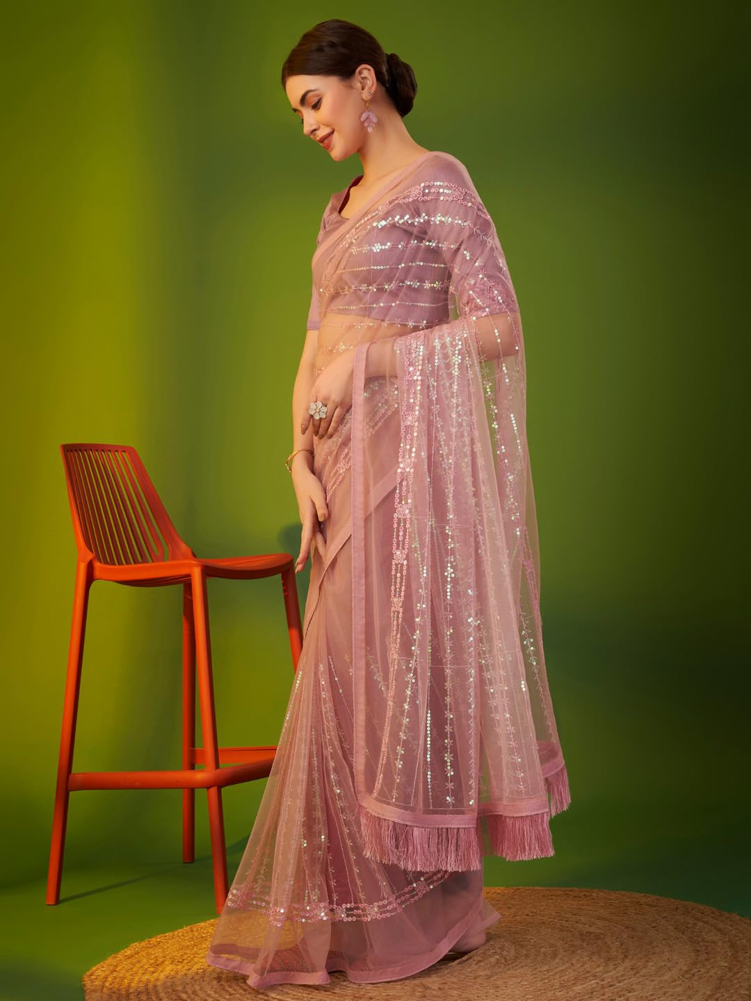 AKHILAM Women's Mauve Net Embellished Lace Work Saree with Unstitched Blouse Piece (AAVYA3501_HV)