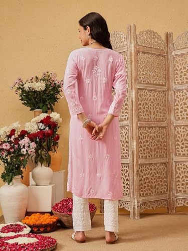 Ada Hand Embroidered Lucknowi Chikankari Straight Modal Kurta Kurti for Women A411801 Pink (4XL)