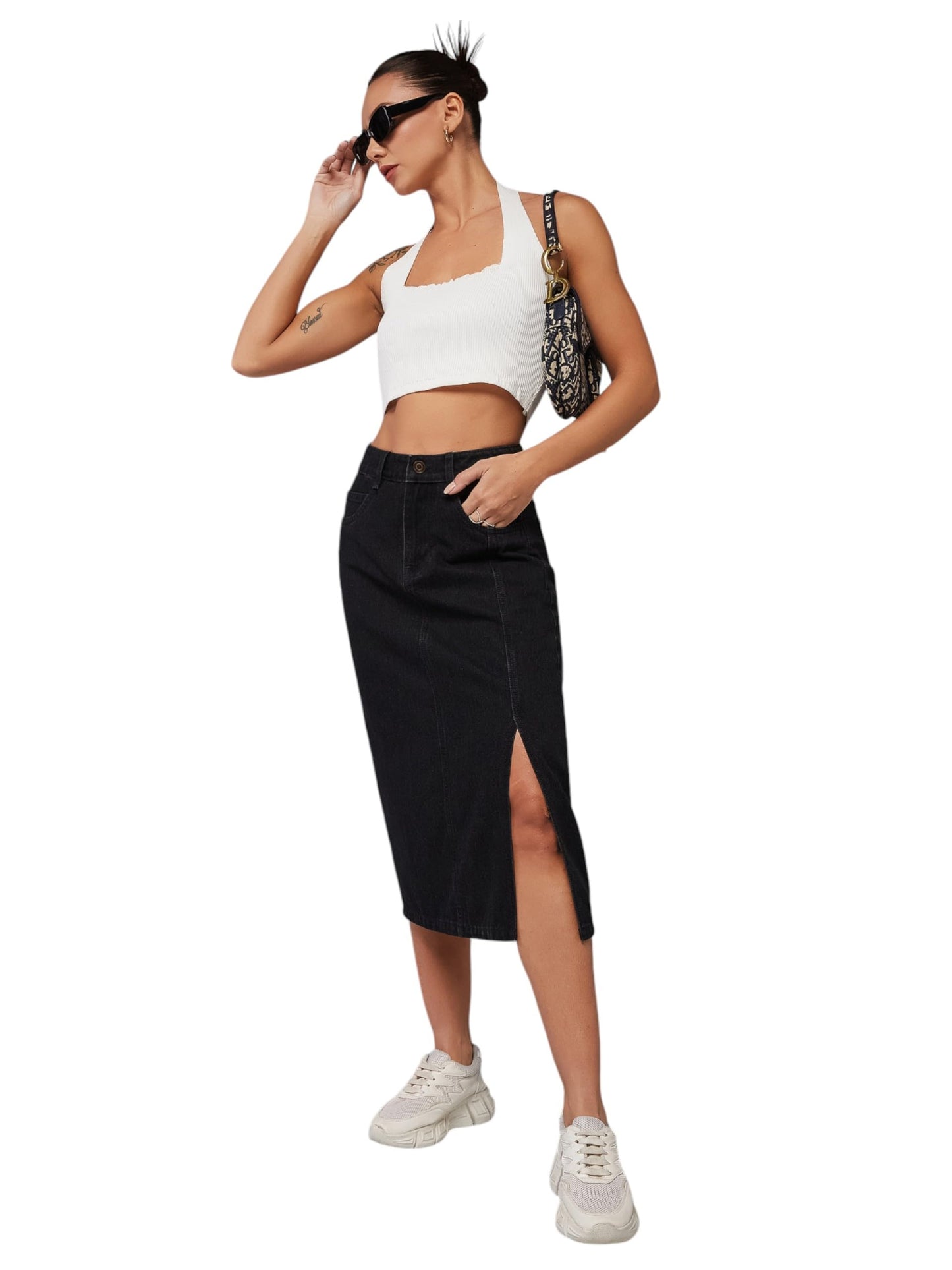 Dolce Crudo Women's High/Mid Rise Light Weight Stretchable Denim Skirt (DOSS24DEN79-05-338-32, Smokey Black, 32)
