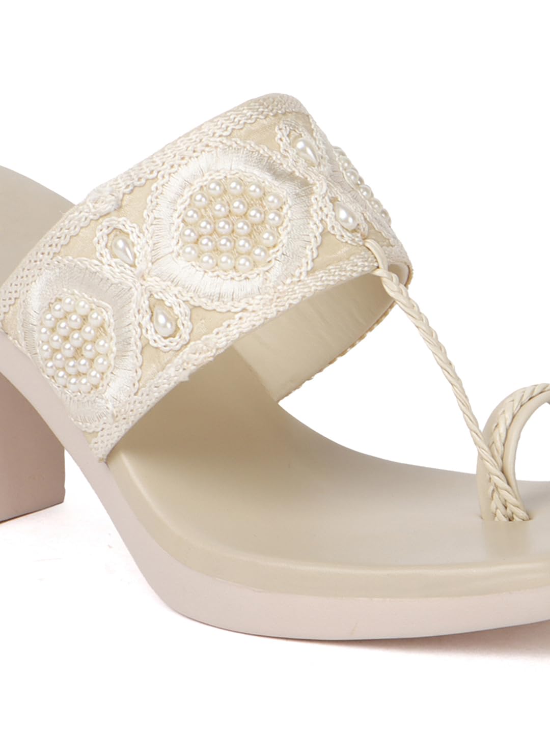 Handcrafted Embroidered Toe-Loop Women Sandals with Block Heel and Pearl Detailing for Ethnic, Festive, and Occasion Wear (Cream, UK Footwear Size System, Adult, Women, Numeric, Medium, 6)