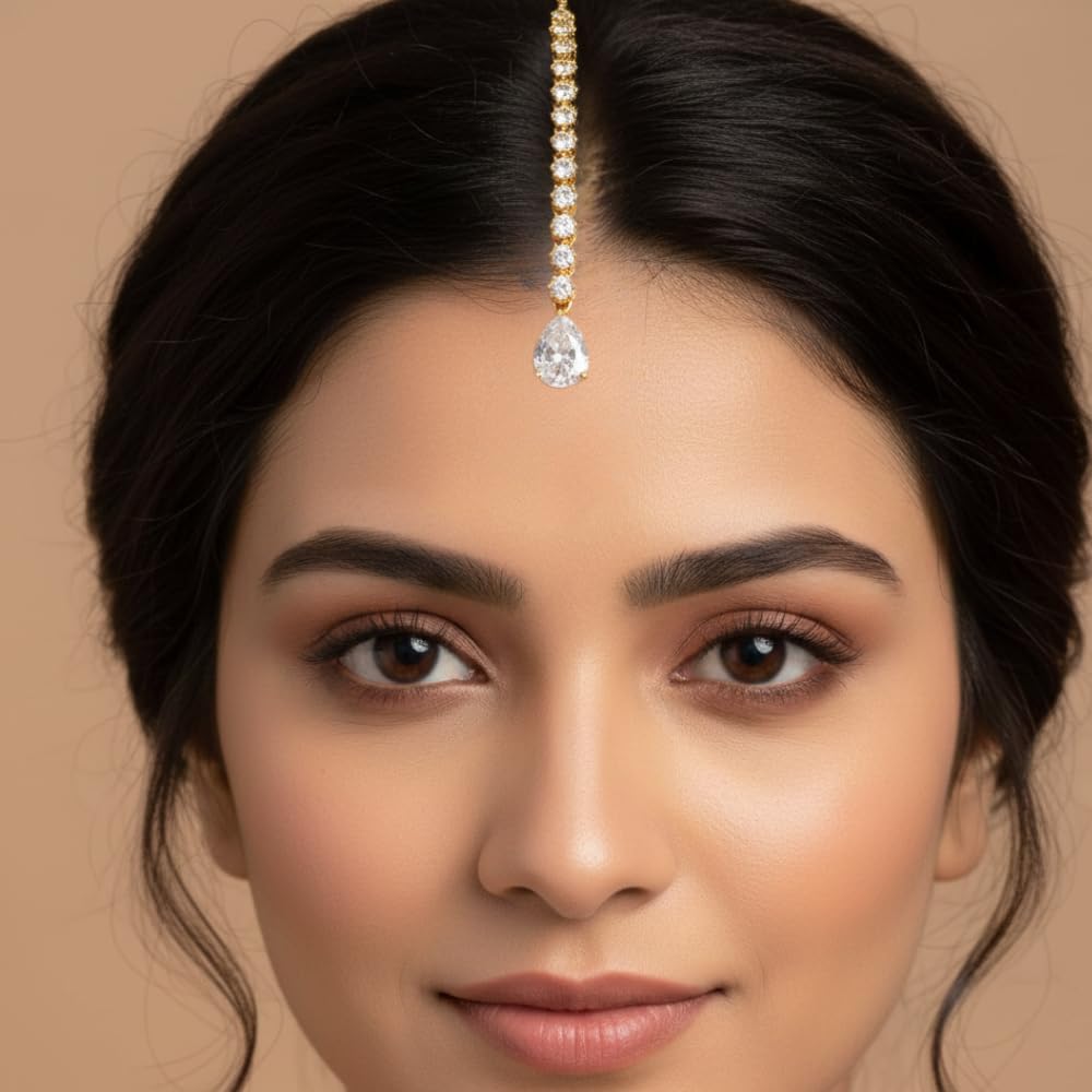 Tanaira Rhodium-Plated Maang Tikka for Women & Girls | Crystal Hair Accessory | American Diamond (AD) Studded Bridal Wedding Jewelry,Trending Style (Gold)