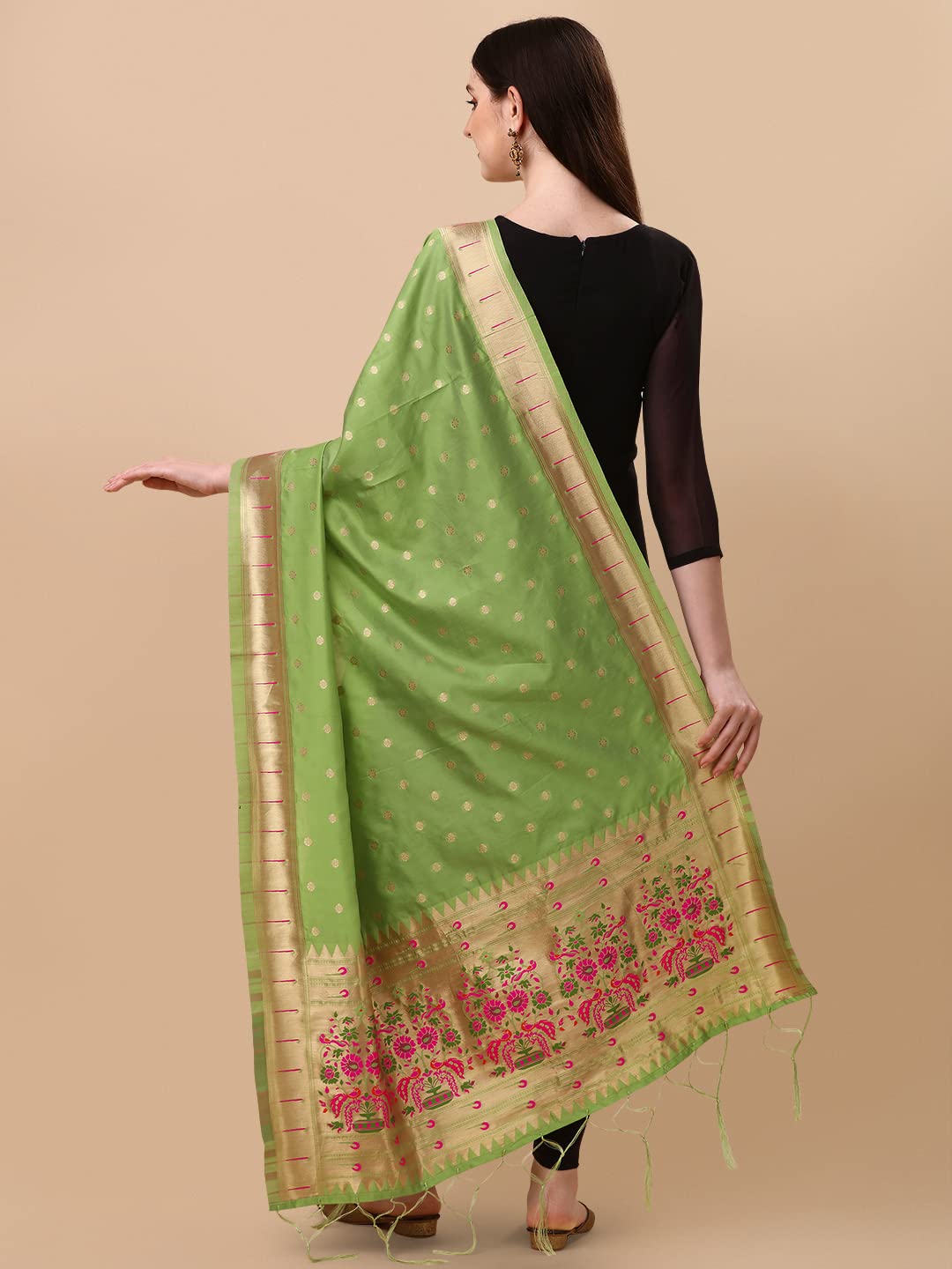 DEVANGI Women's Woven Paithani Banarasi Silk Dupatta/Chunni For Women, Animal Print 1 Meter Wide and 2.3 Meter Length Printed Designer Dupatta/Chunni For Girls (Pista)