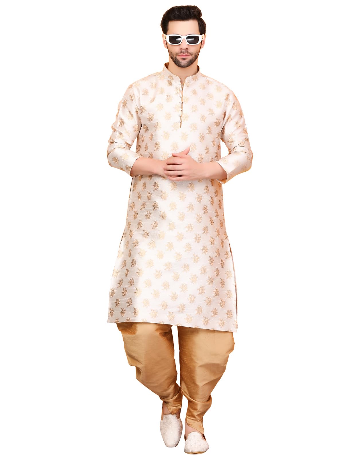 Over Crowd Men New Look Floral Gold Leaves Jacquard Kurta & Salwar Set (Cream & Gold);Size:42, XL