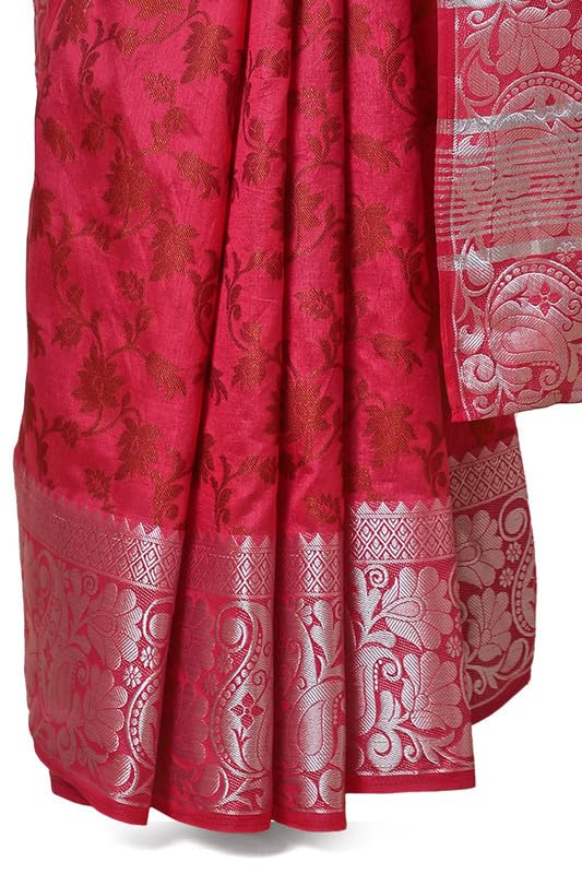 Soch Womens Pink Art Silk Floral Saree with Silver Zari Border