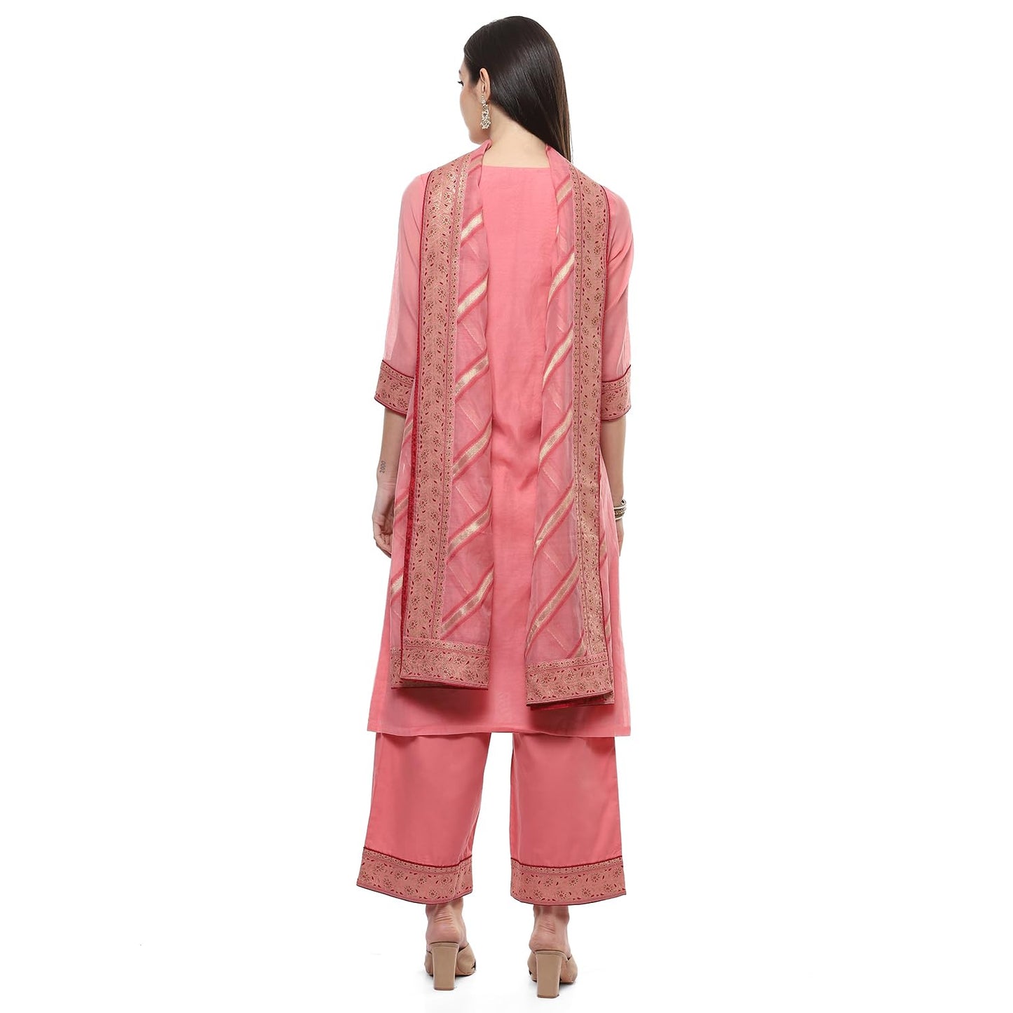 Biba WOMEN YARNDYED STRAIGHT SALWAR KURTA DUPATTA(SKDBANARASI8851_BLUSH PINK_38)