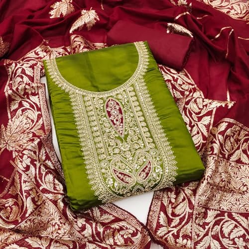 Leeli Peeri Designer Women's Roman Silk Embroidery Work Unstitched Salwar Suit Dress Material