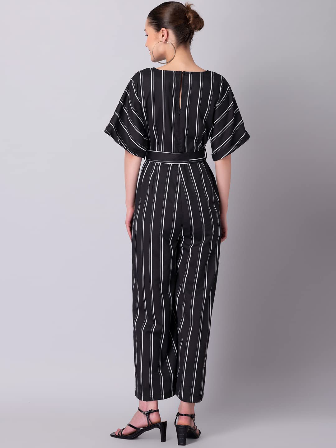 FabAlley Black Striped Belted Jumpsuit