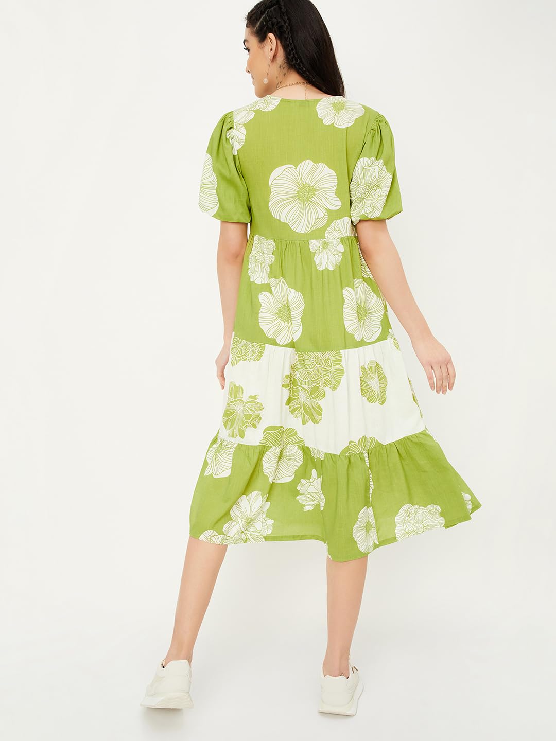 Max Women Floral Printed Midi One Piece Dress (MDDRS41002BGREEN)_Small