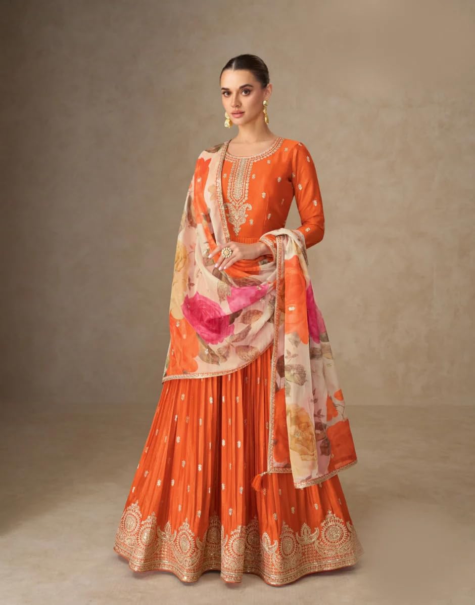 Shampysky Women’s Orange Chinon Embroidered A-Line Gown with Organza Dupatta | Fully Stitched | Full Sleeves (SSW-1307-Orange-4XL)