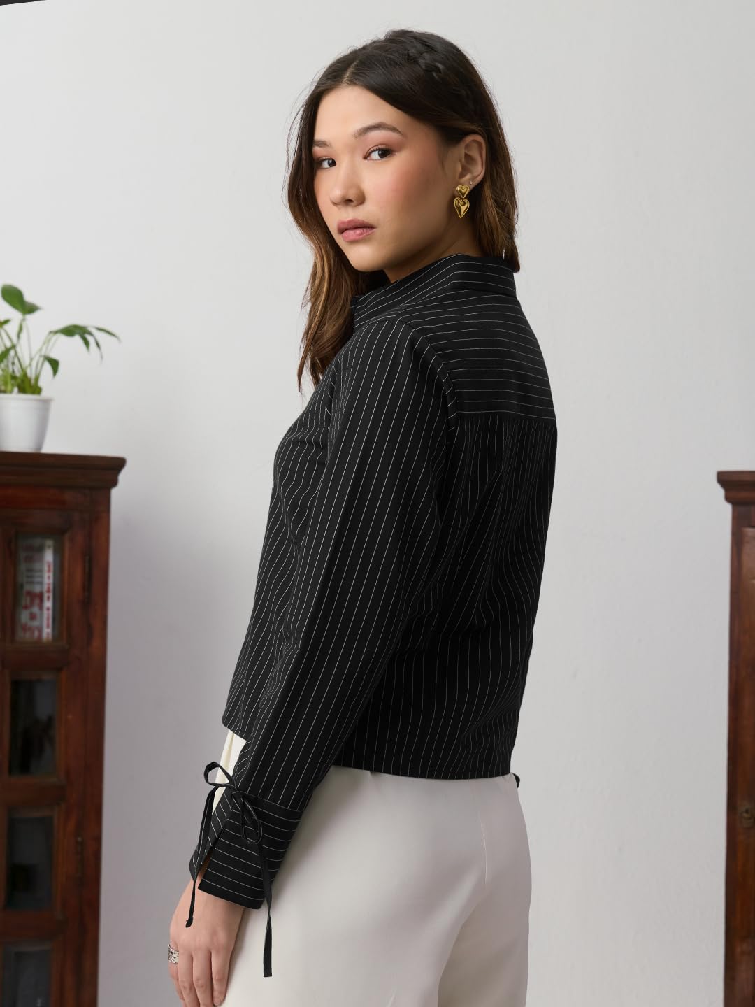 The Souled Store Stripe Shirt: Bristol Women and Girls Full Length Regular Sleeves Spread Collar Black White Striped Cotton Poly Blend Regular Fit Everyday Casual Shirt