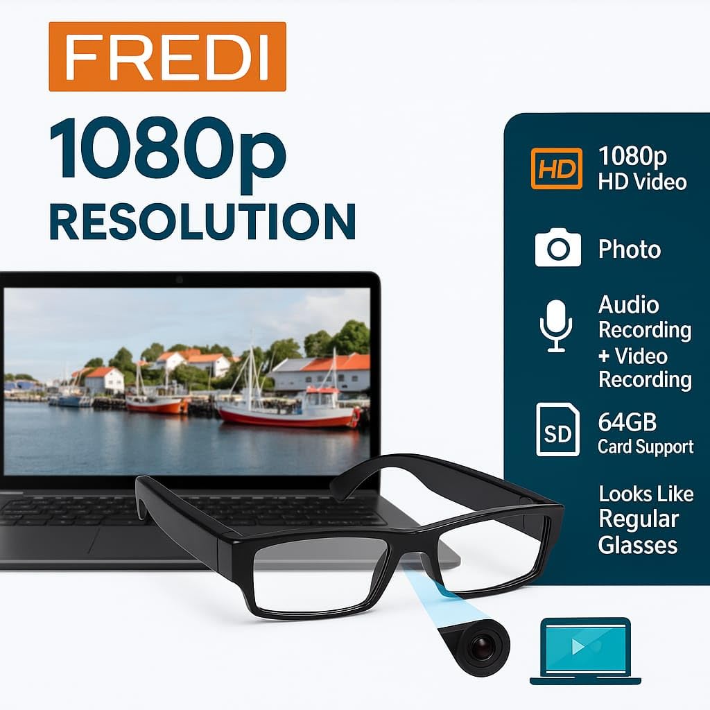 FREDI HD PLUS Smart Eyewear Camera with 1080p Video & Photo | Supports 64GB TF Card | USB Rechargeable Glasses Camera | Stylish Wearable for Office, Classroom, Outdoor & Travel Use