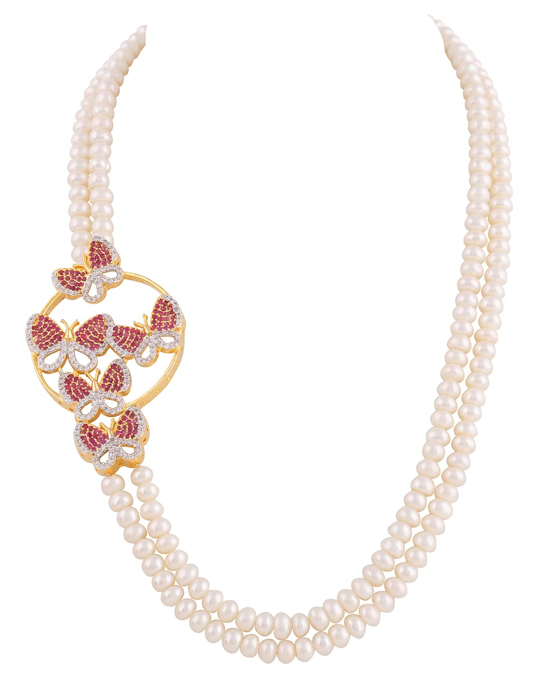 Natural Fresh Water Pearls Peacock Design Side Piece Necklace Set For Women Girls (Red)