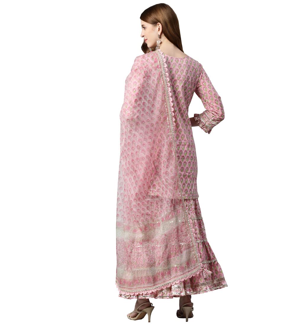 Divena Pink Floral Hand Block Printed Kurta Sharara Set with Dupatta