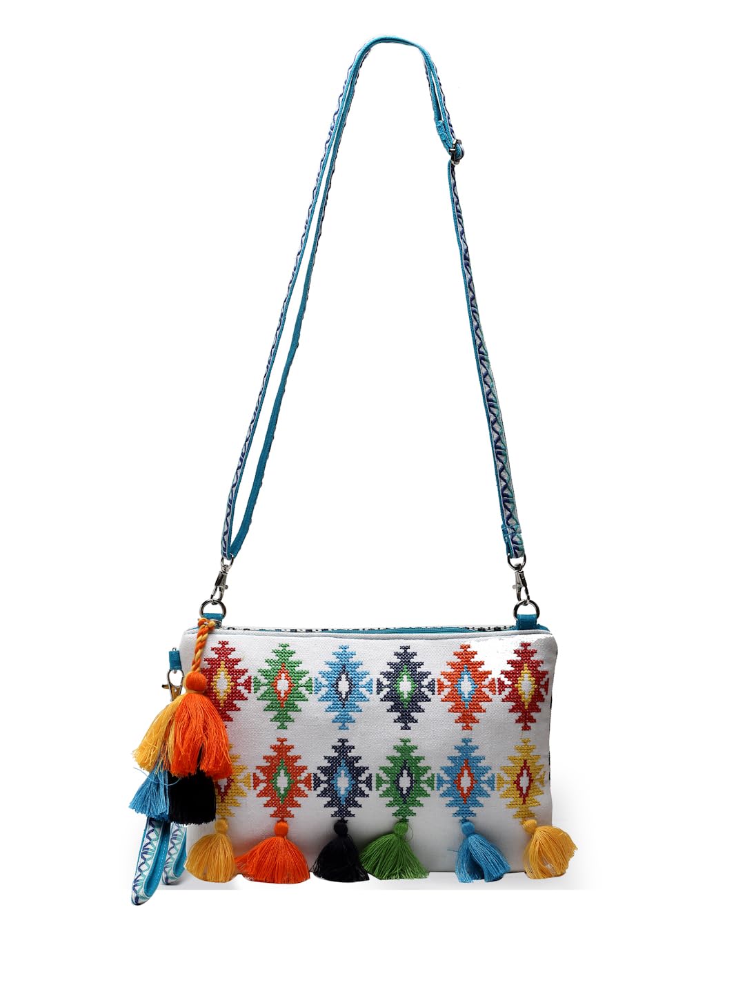 Anekaant Boho White & Multi Aztec Embroidered Cotton Canvas Sling Bag