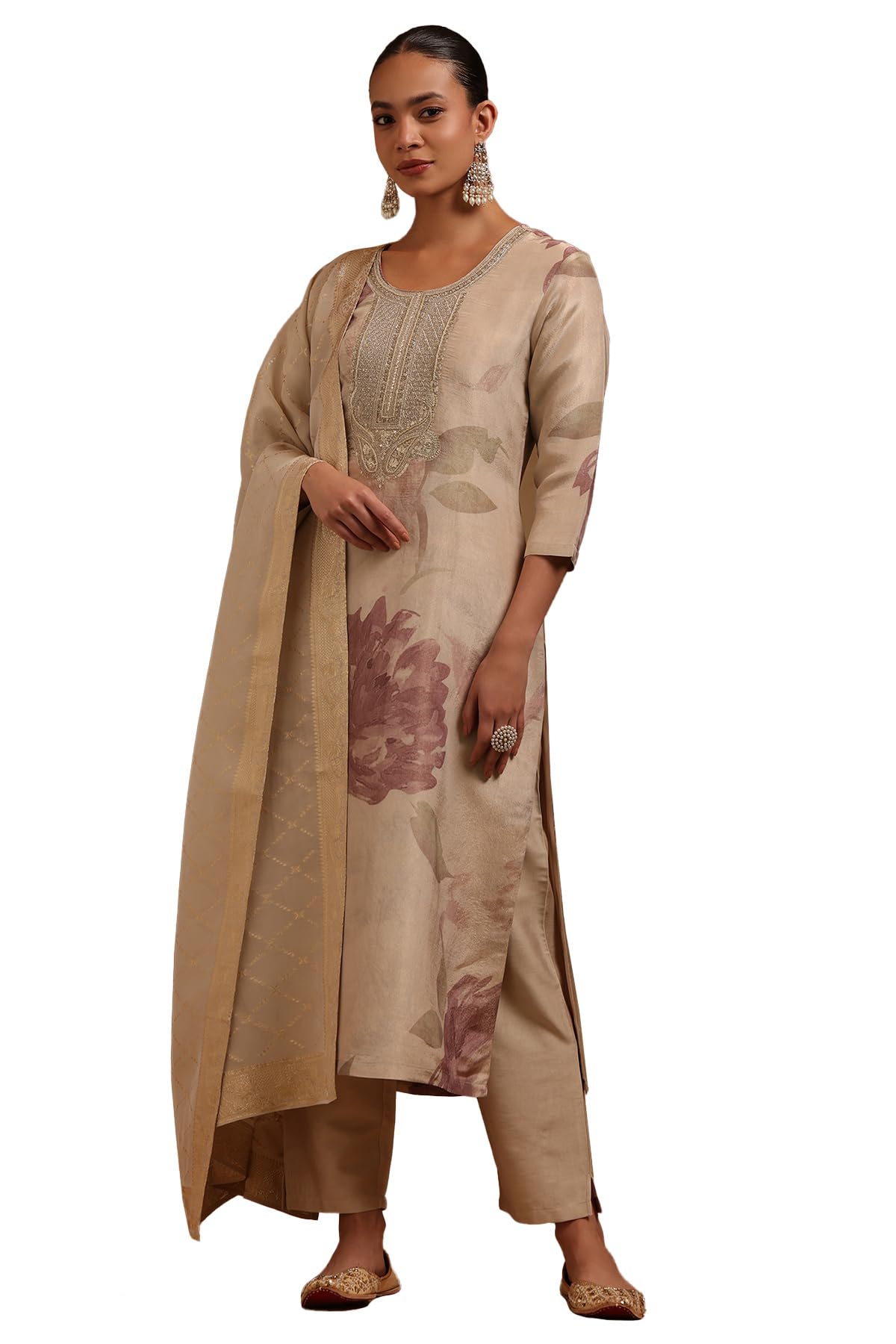 Soch Womens Beige Tissue Floral Zari Embroidered Salwar Suit With Sequins