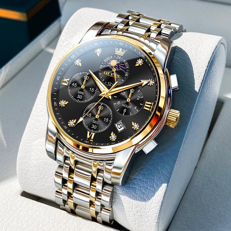 OLEVS Watch for Men Diamond Business Dress Analog Quartz Stainless Steel Waterproof Luminous Date Two Tone Luxury Casual Wrist Watch, silver black watches 3655, men watch
