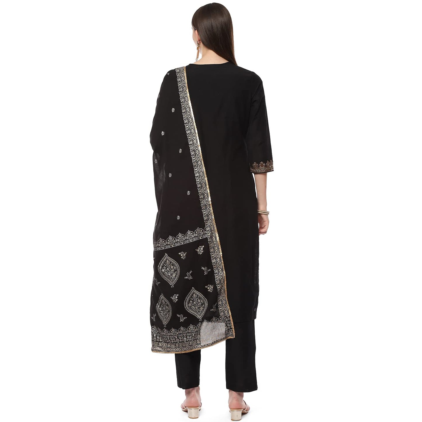 BIBA Women's Solid; Embroidred Narrow Salwar Kurta Dupatta(Skd7185_Black_38) - Viscose