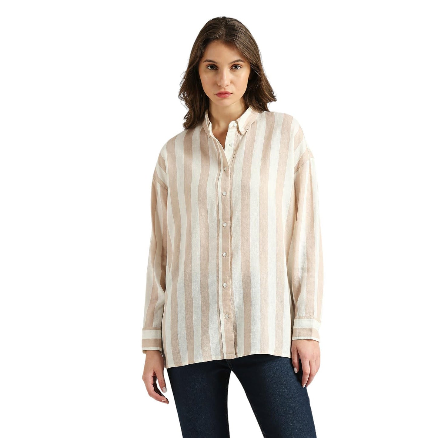 Pepe Jeans Women's Striped Relaxed Fit Shirt (PL304899_Beige