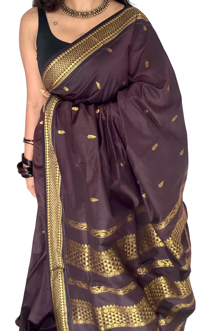 ILAIYAAL CLOTHINGS Women's Kanjivaram Cotton Silk Saree South Indian Paithani Sari | gadwal cotton sarees with Zari Border and Blouse Piece - Suitable For All Indian Occasions and Festivals Coffee01