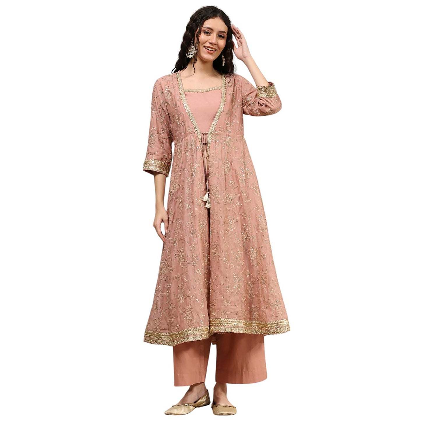 Biba Women's Old Rose Chanderi Anarkali Dyed Fusion Set