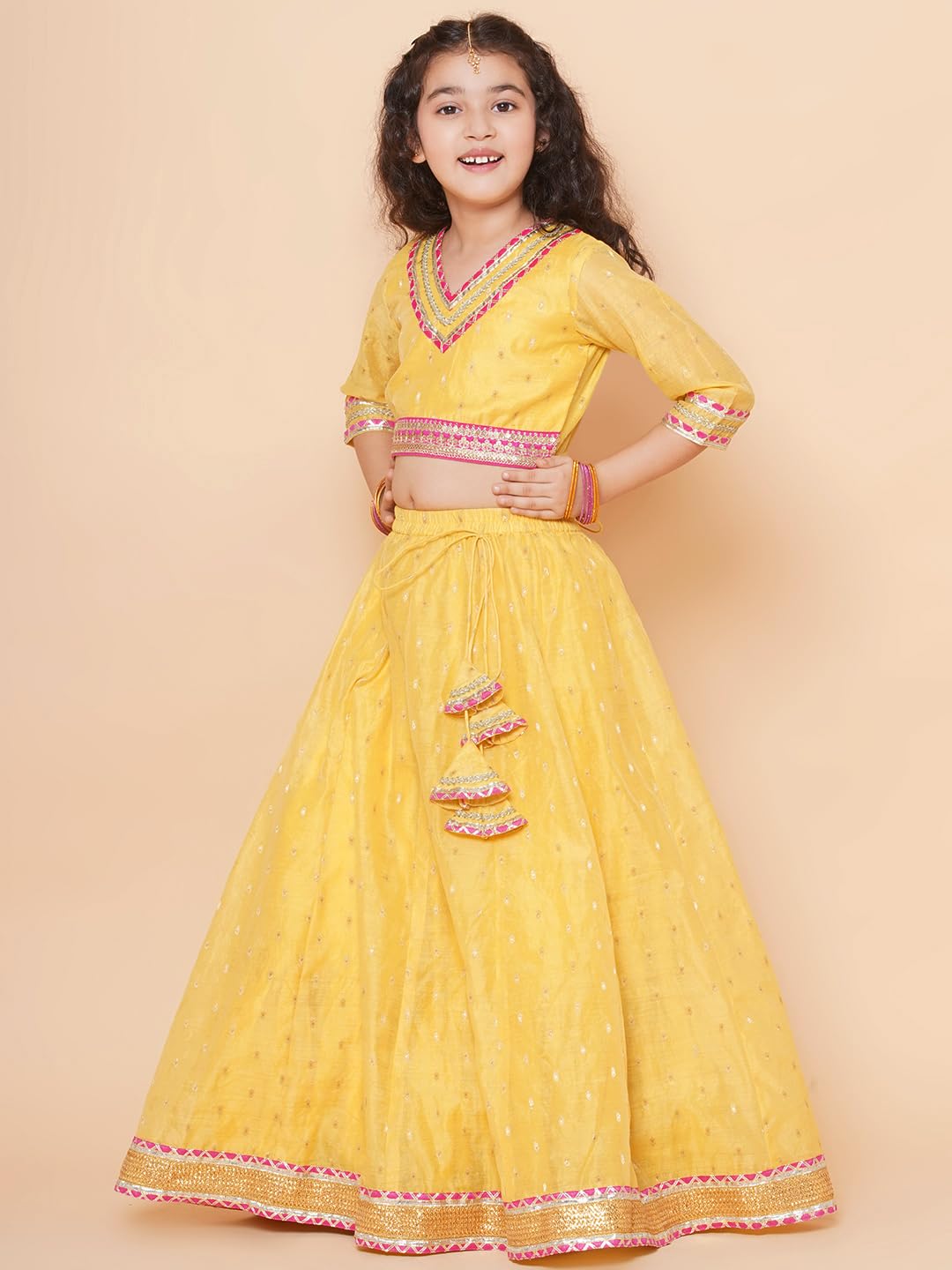 Bitiya by Bhama Girls Yellow Jacquard booti Lehenga Choli Ready to Wear with Pink Dupatta