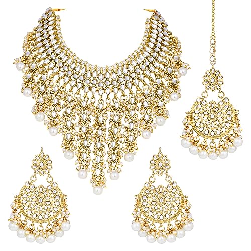Peora Kundan Pearl White Choker Necklace Earrings Maang Tikka Women