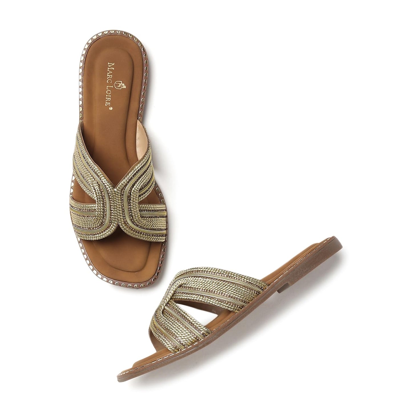 Marc Loire Women Smart Casual Embellished Slip-On Open Toe Flats Chappals | Fashion Sandals with Comfortable Sole (Gold, UK Footwear Size System, Adult, Women, Numeric, Medium, 7)