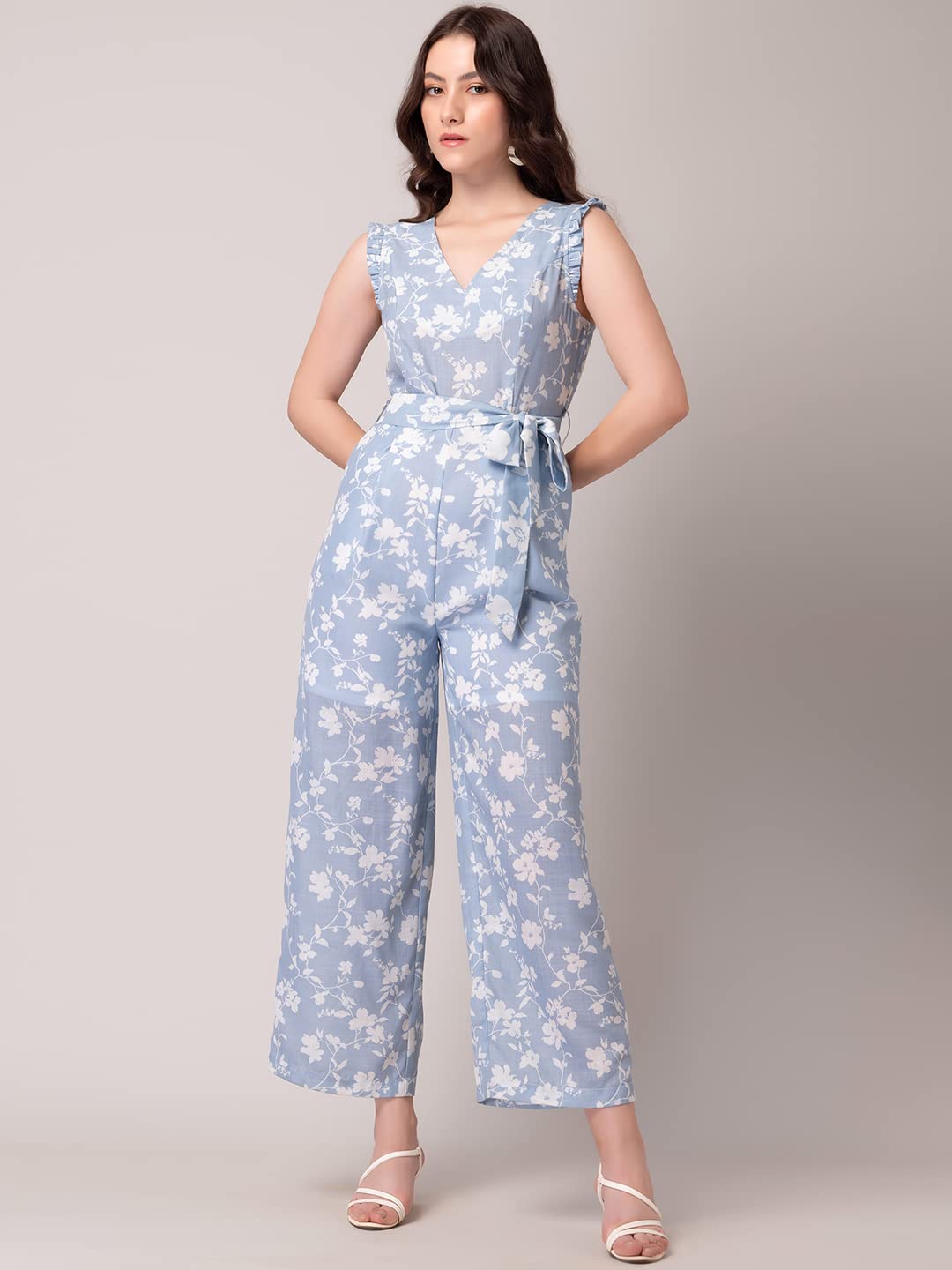 FabAlley Indya Blue And White Floral Print Jumpsuit With Belt