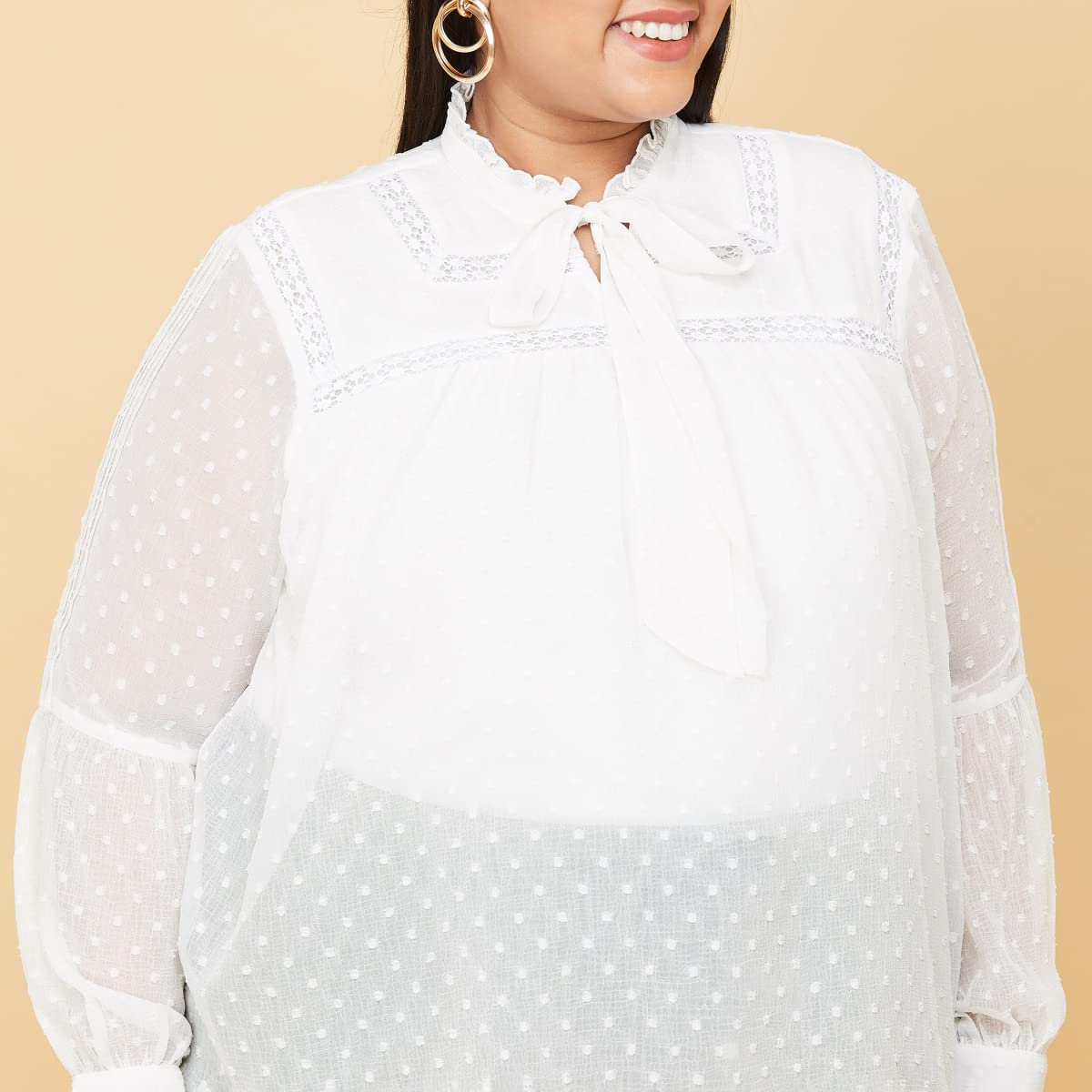 Max Plus Size Women Textured Tie-Up Neck Top (PWVN2509_Ivory2 6XL)