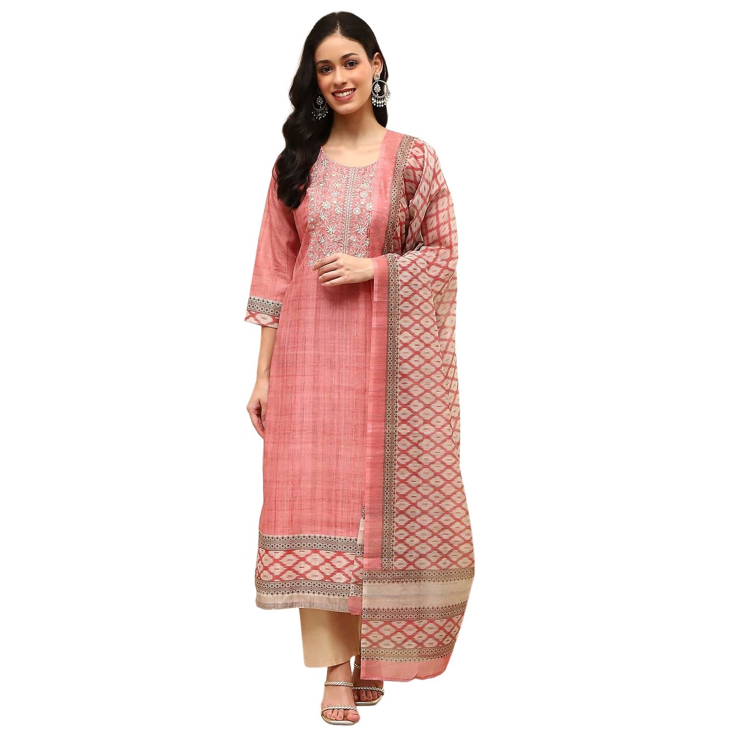 BIBA Women Peach Cotton Machine Embroidered Unstitched Suit Set_FREE SIZE