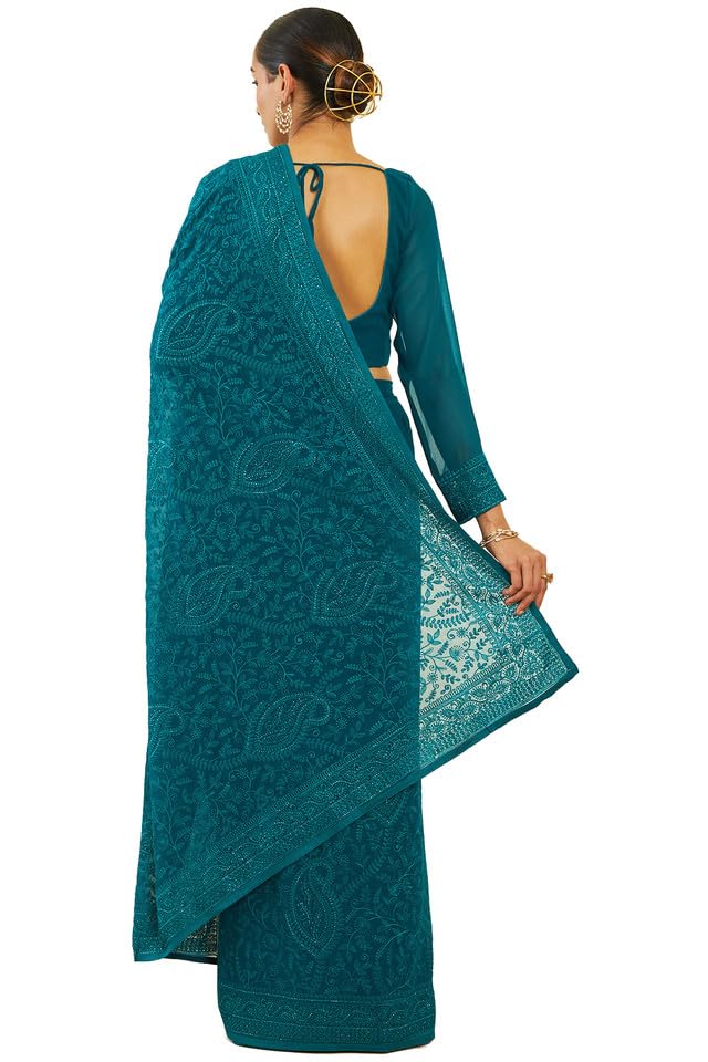 Soch Womens Teal Georgette Saree With Paisley Embroidery And Stone