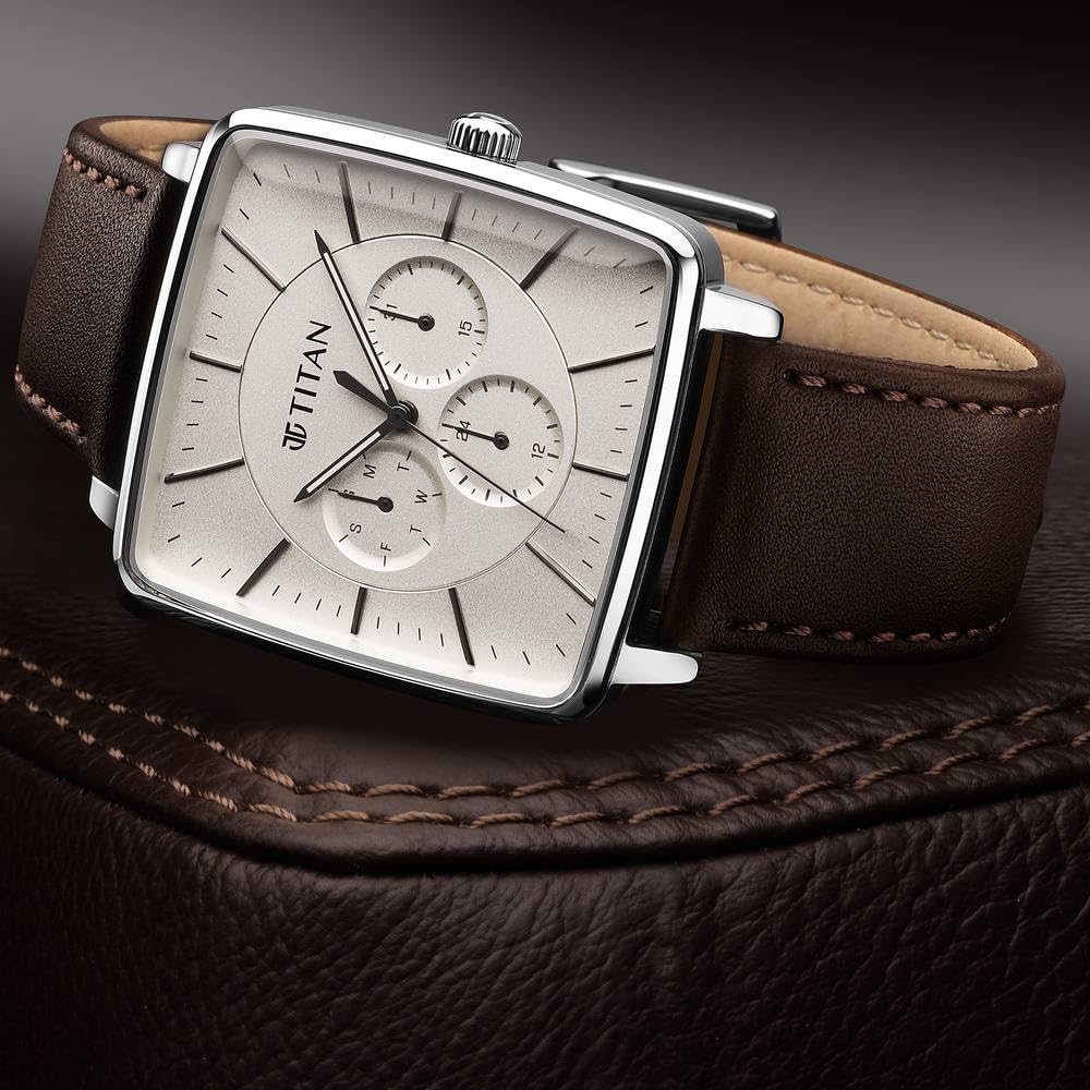 Titan Avant Garde Quartz Multifunction Beige Dial Brown Leather Strap Watch for Men - NT90147SL01