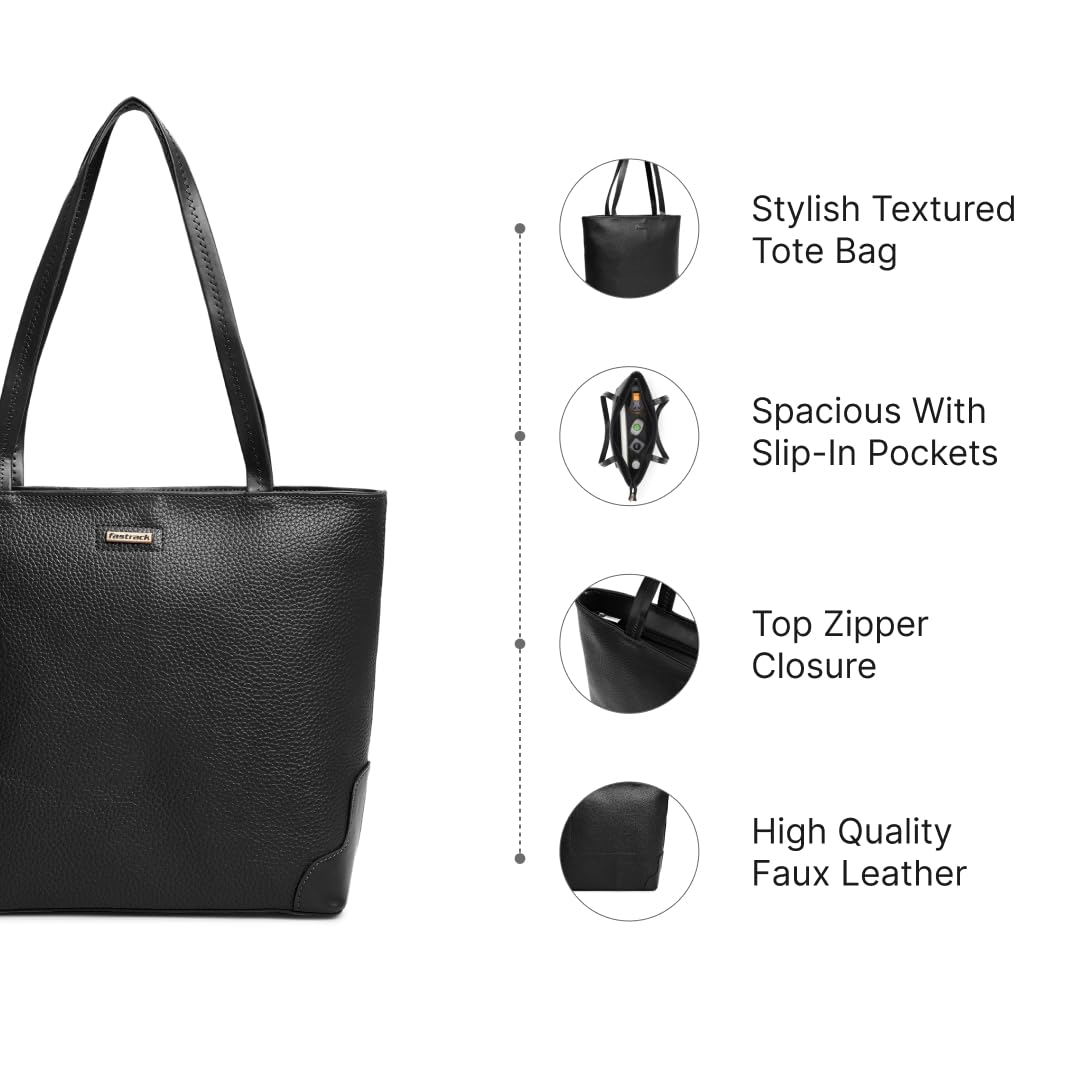 Fastrack Stylish Textured Tote Bag for Women | Trendy Casual Bag for Ladies, Women, Girls | Everyday College Bag Made of Faux Leather (Black)