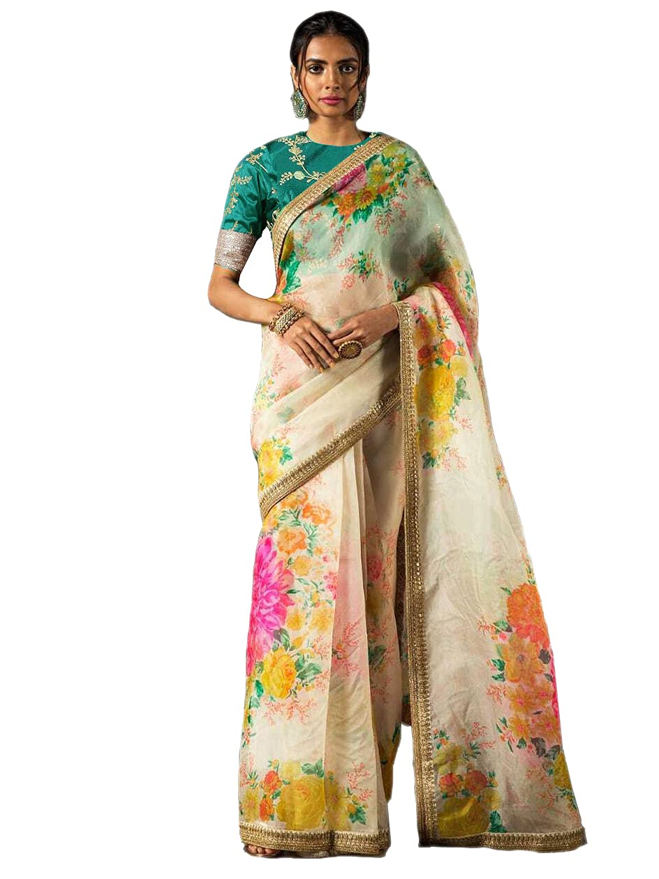 Zeel Clothing Women's Silk Floral Organza Saree with Embroidered Blouse (7026-Cream-Saree-Floral-Organza; Cream; Free)