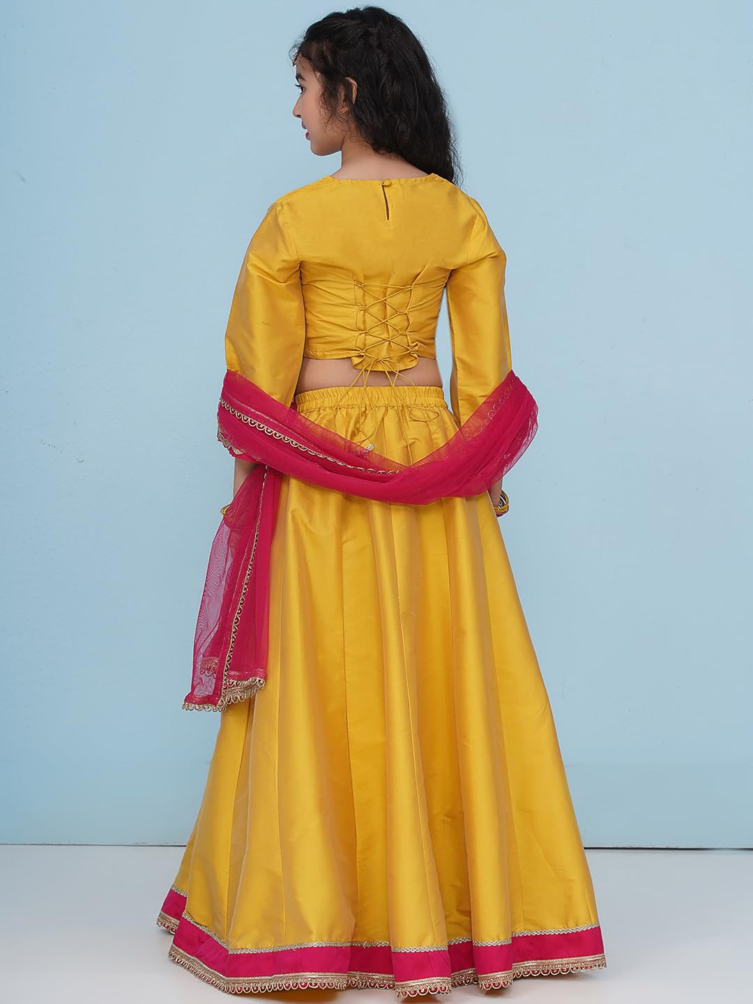 Bitiya by Bhama Girls Boho Design Yellow Pink Embroidered Choli & Ready to Wear Lehenga With Dupatta.