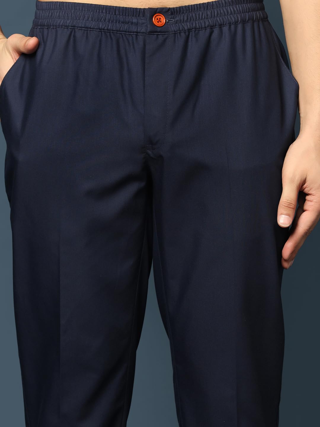 KISAH Men's Navy Blue Sherwani Trousers Set, Cotton Full Sleaves, Knee Length, Straight, Regular Fit, Mandarin Collar Ethnic Wear