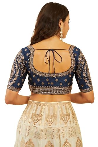 Soch Womens Navy Blue Tussar Embroidered Front-Open Blouse with Sequin Embellishments