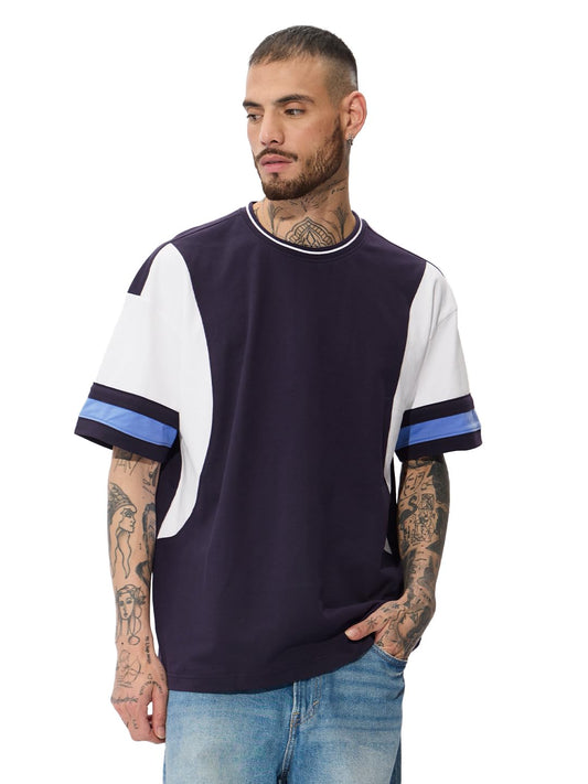 The Souled Store Solids: Deep Navy Oversized T-Shirt for Men Boys Cotton Casual Half Sleeves Baggy Loose Fit Drop Shoulder Round Neck