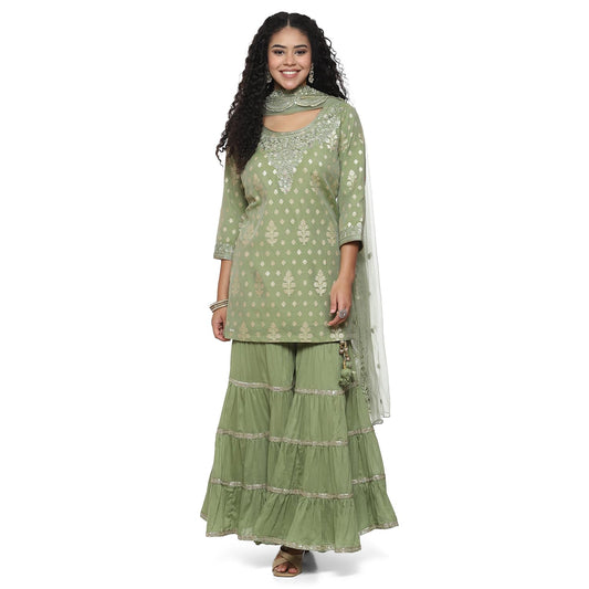 BIBA Women YARNDYED Straight SALWAR KURTA DUPATTA(SKDKINARI8924_SAP GREEN_38)