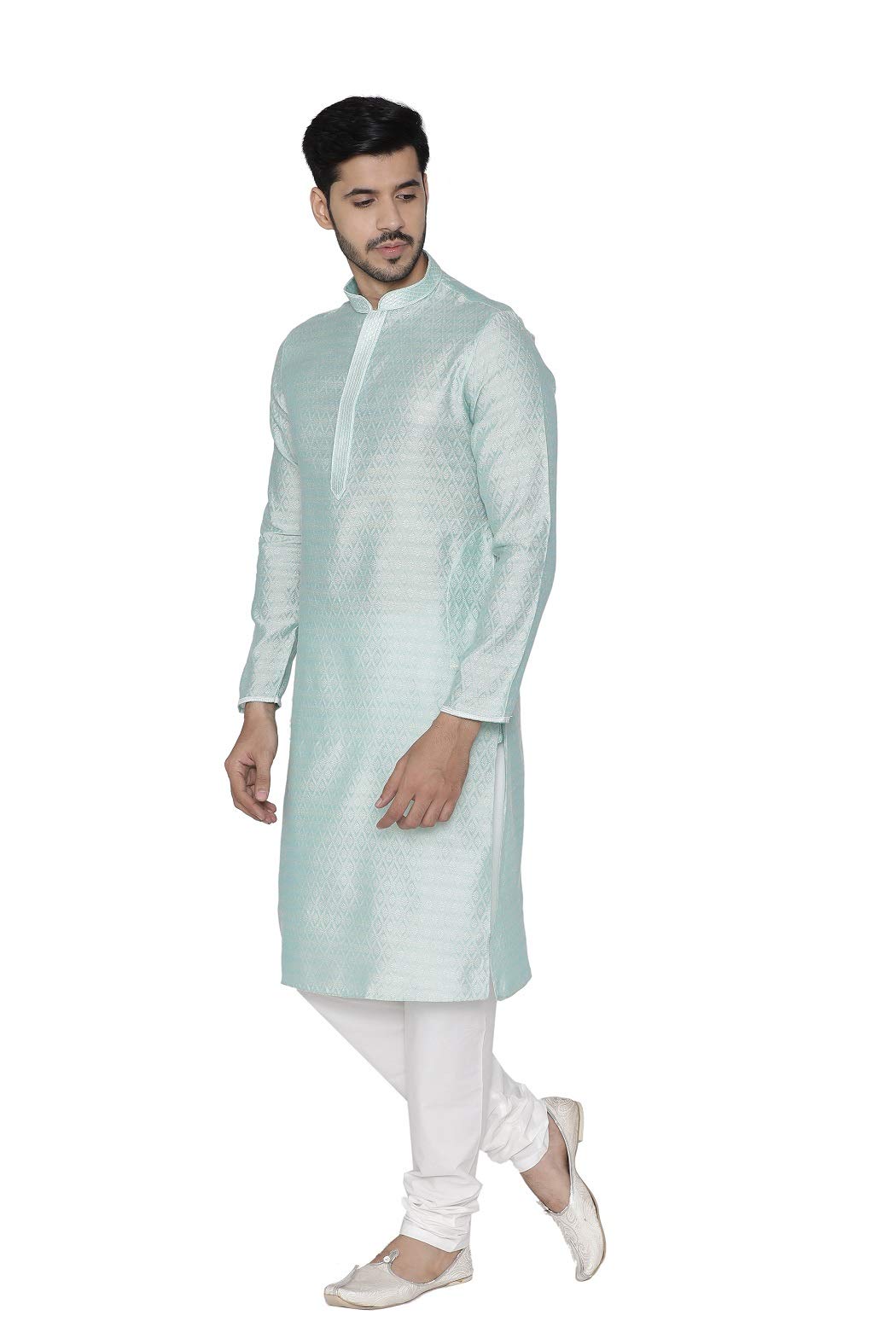 Manyavar Men's Silk Blend Other Kurta Pyjama (CPOSK433_Aqua Blue_XL)