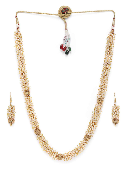 ACCESSHER Traditional Gold Plated Long Necklace Set with Earrings | Pearl Beaded Ethnic Jewellery Set for Wedding For Women & Girls