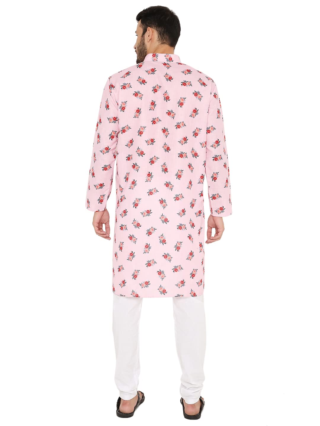 LUCKWIN Linen Regular Fit, Mandarin Collar, Floral Print Kurta Pajama Set in Pink for Men [LWKP162-42-2023]